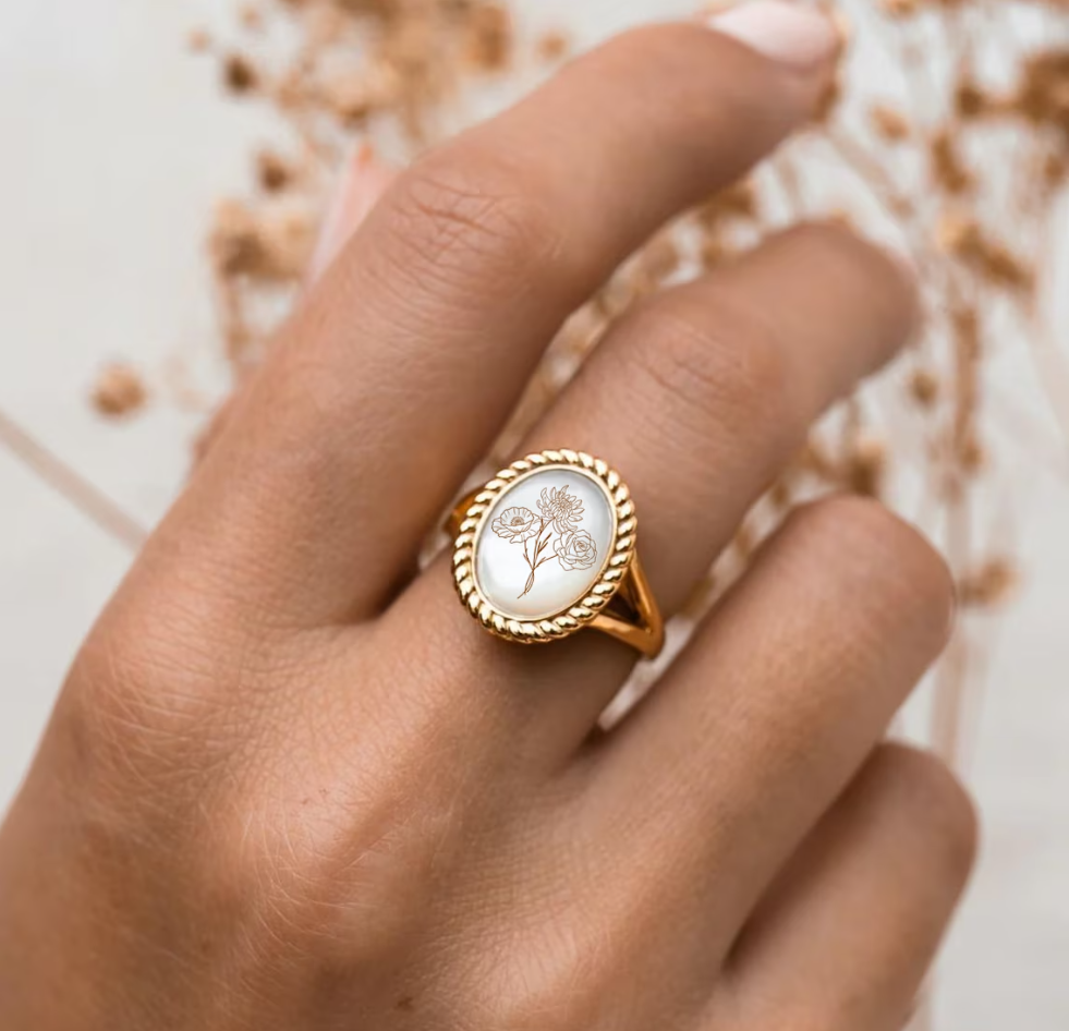 Lovecriana Personalized Birth Flower Ring, Birth Month Ring