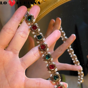 Handcrafted Beaded Bracelet - Emerald & Ruby, Gold & Red Crystal