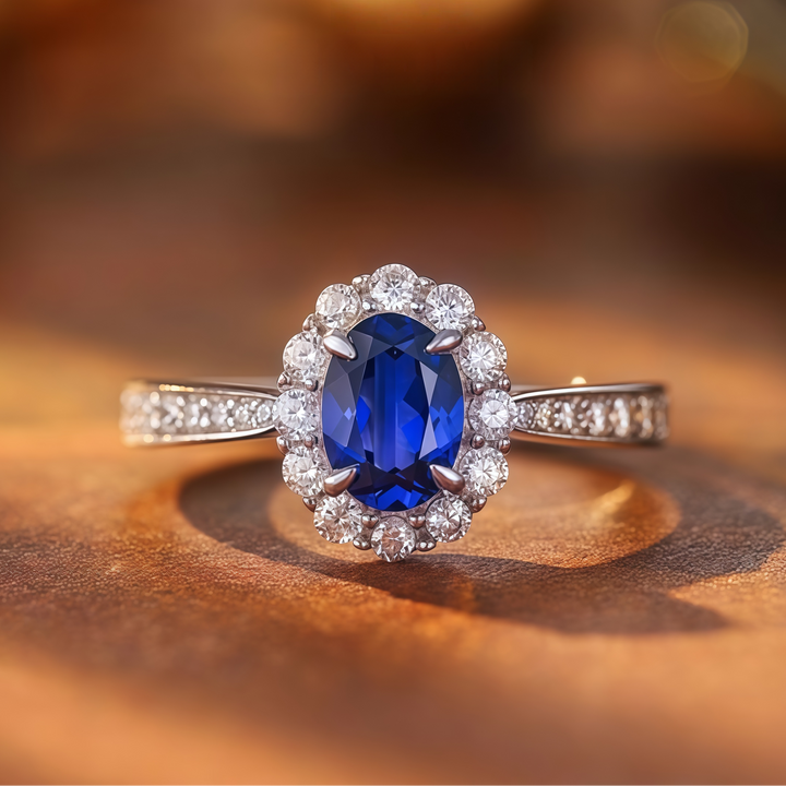 Oval Cut Royal Blue Halo Ring