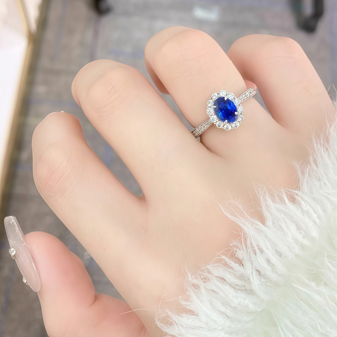 Oval Cut Royal Blue Halo Ring