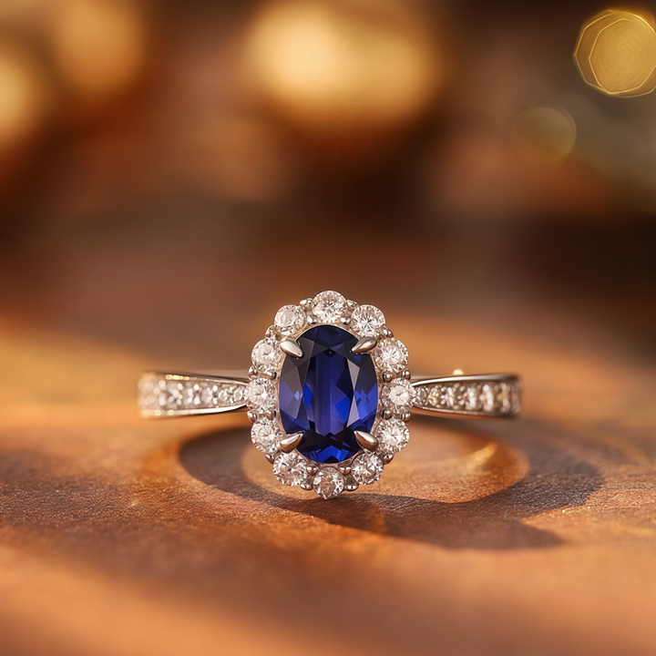Oval Cut Royal Blue Halo Ring