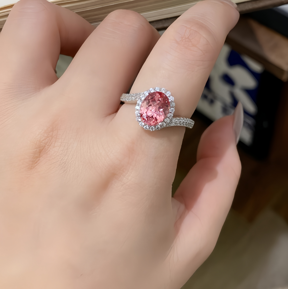 Twined Halo Peach Oval Ring