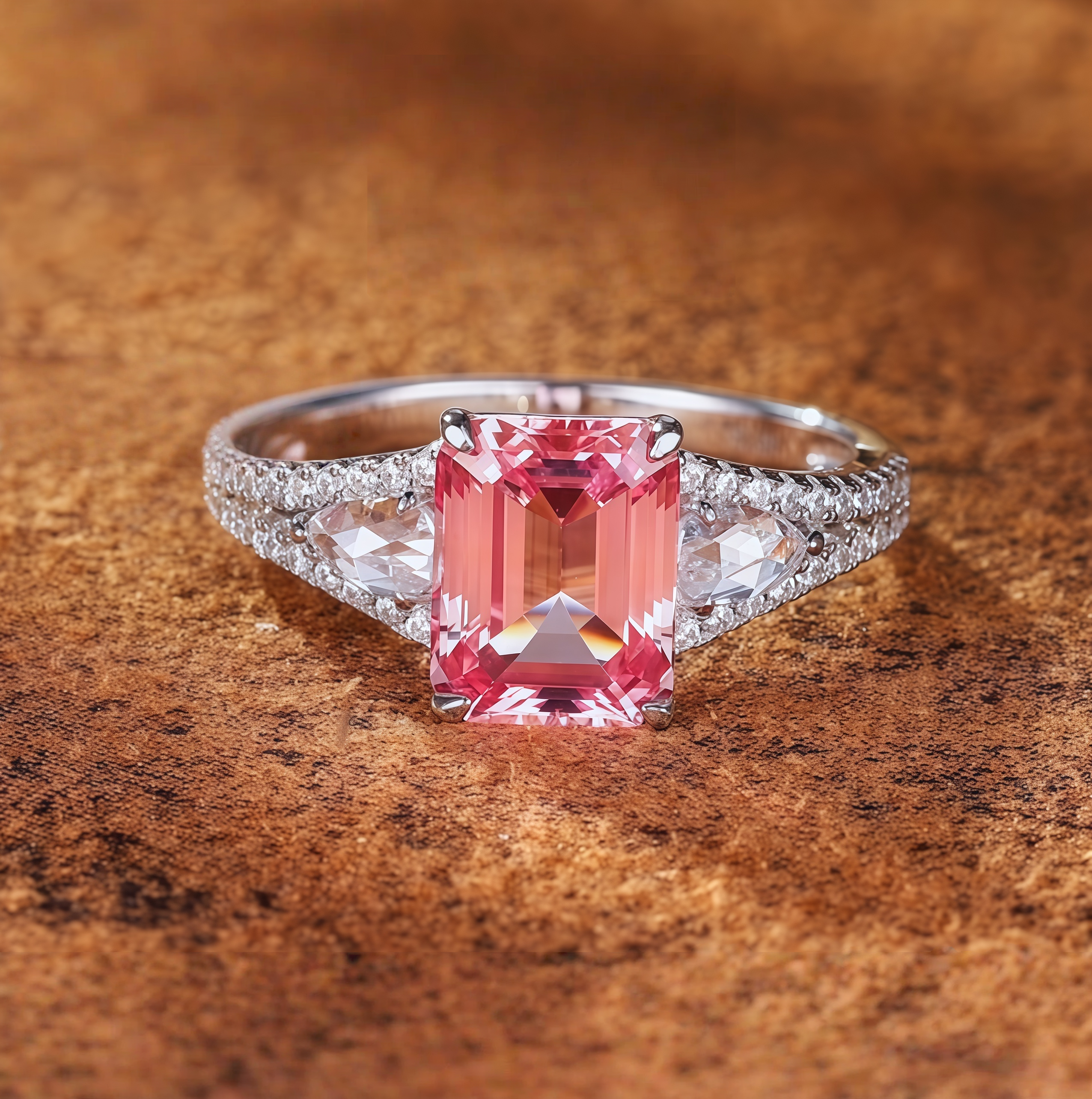 Pinkish-orange emerald-cut luxury ring