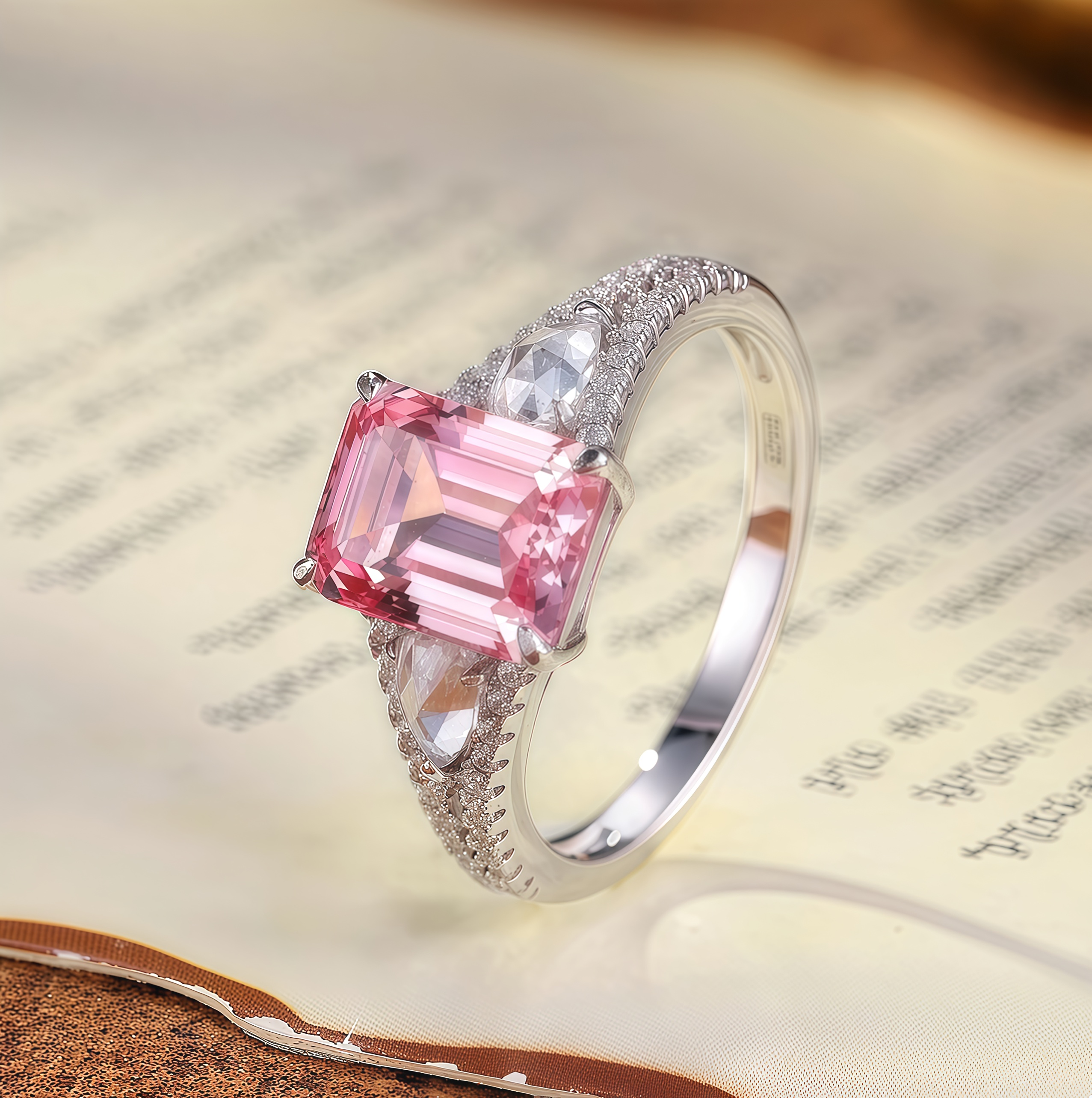 Pinkish-orange emerald-cut luxury ring