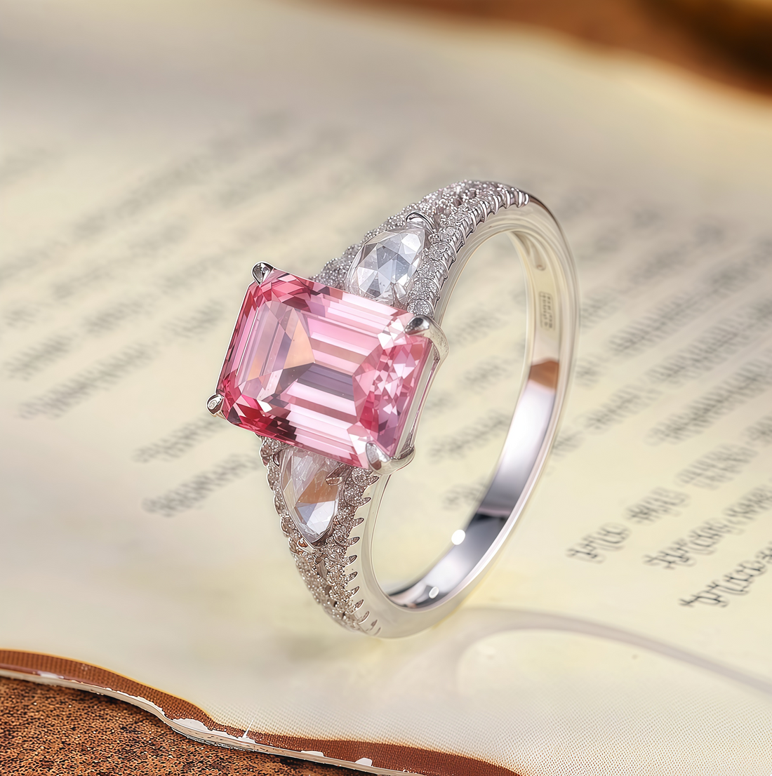 Pinkish-orange emerald-cut luxury ring