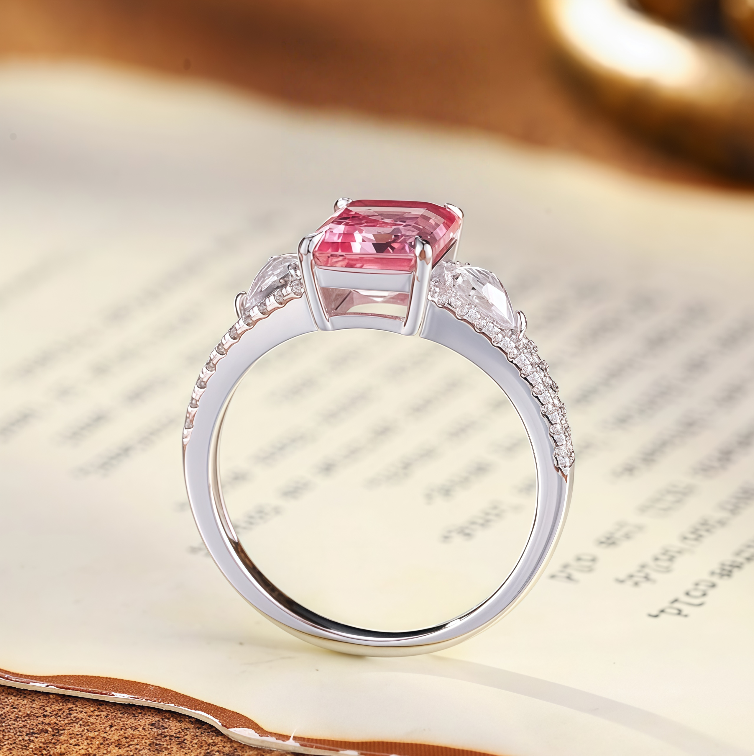 Pinkish-orange emerald-cut luxury ring