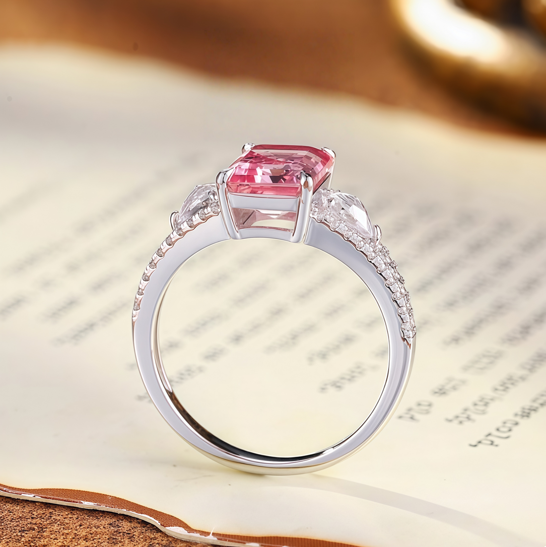 Pinkish-orange emerald-cut luxury ring