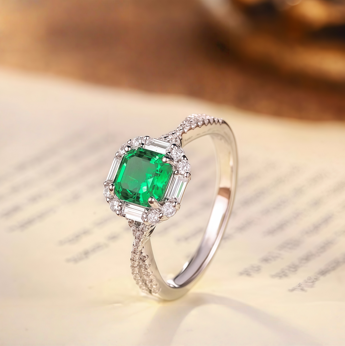 Octagonal Emerald Halo Ring
