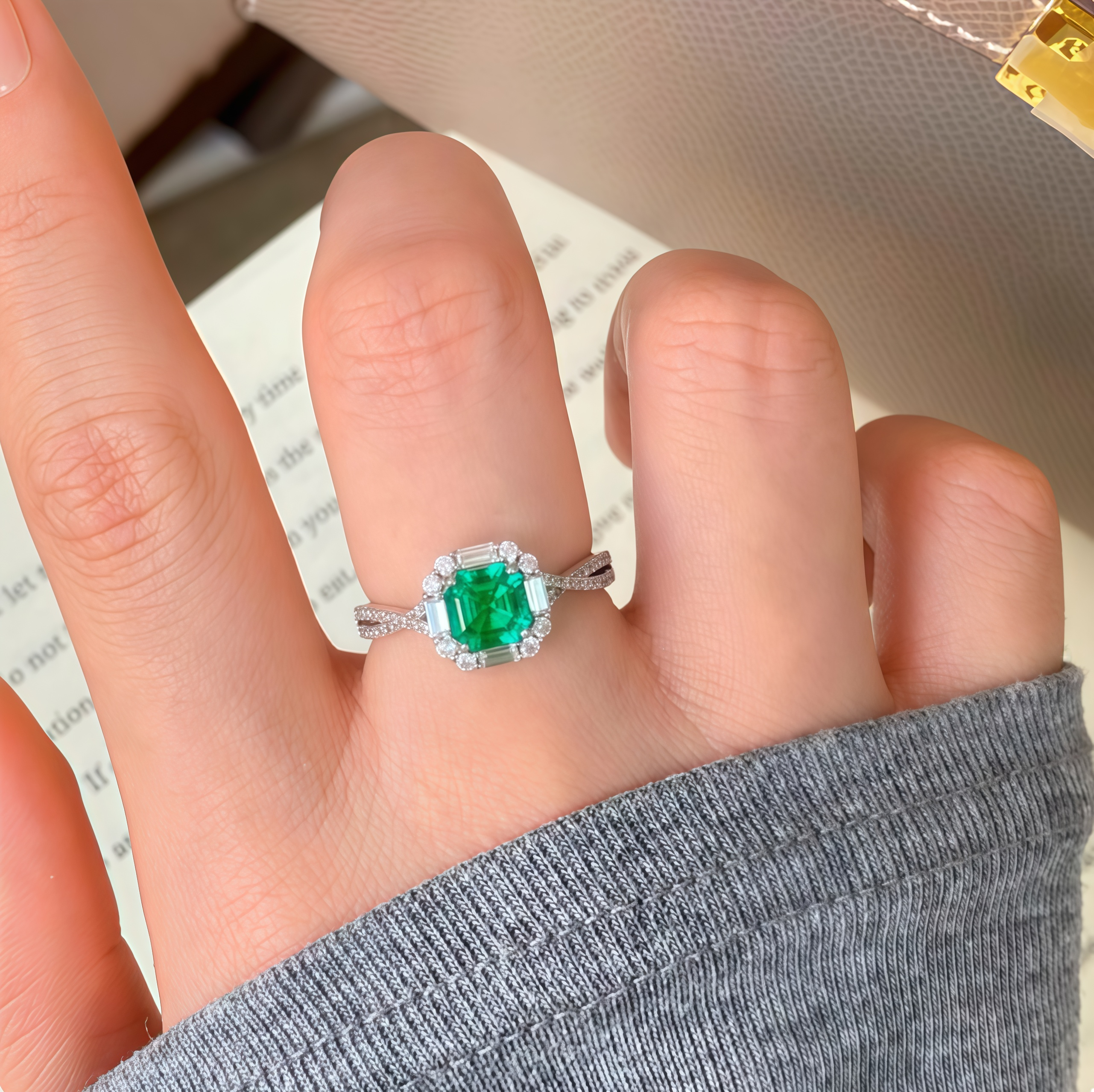 Octagonal Emerald Halo Ring