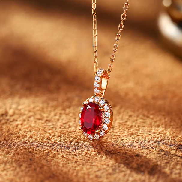 Scarlet Halo Oval Ruby Pendant Necklace