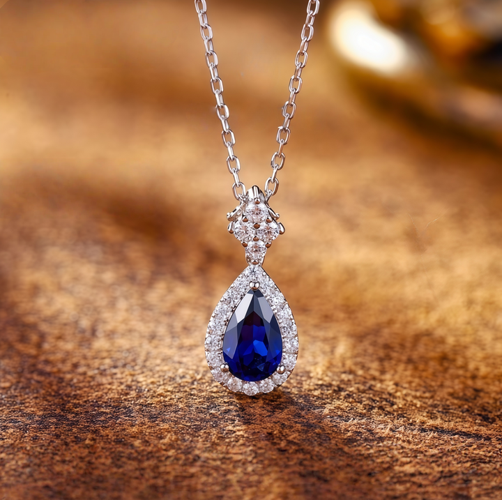 Midnight Starlight Royal Blue Pear Halo Pendant