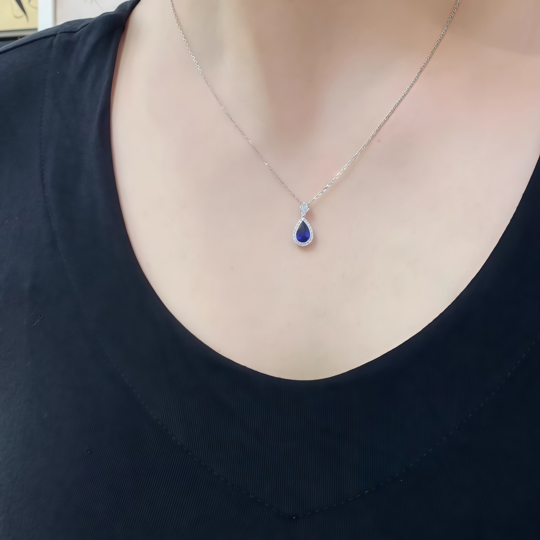 Midnight Starlight Royal Blue Pear Halo Pendant