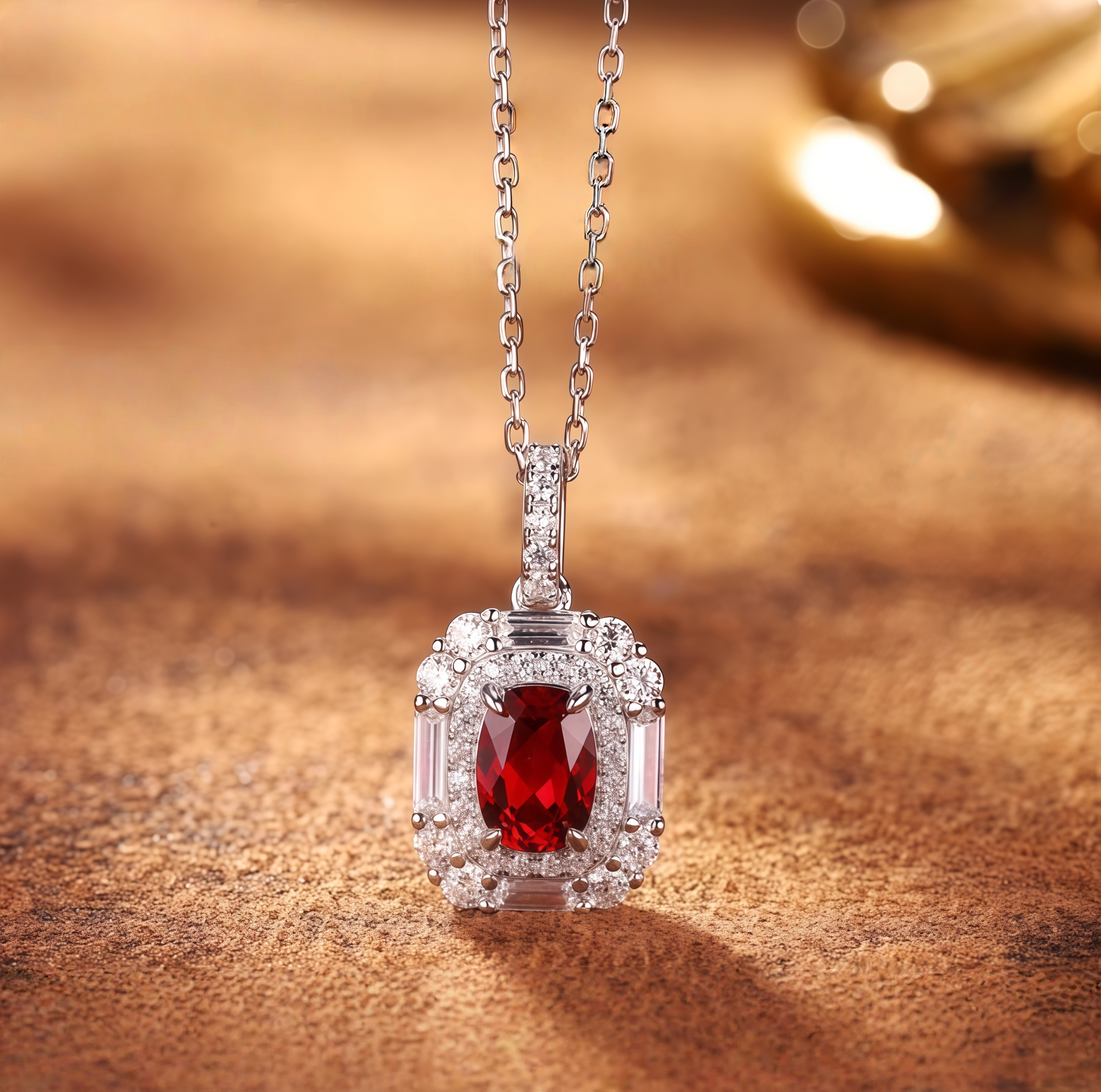 Scarlet Crown Cushion Ruby Halo Necklace