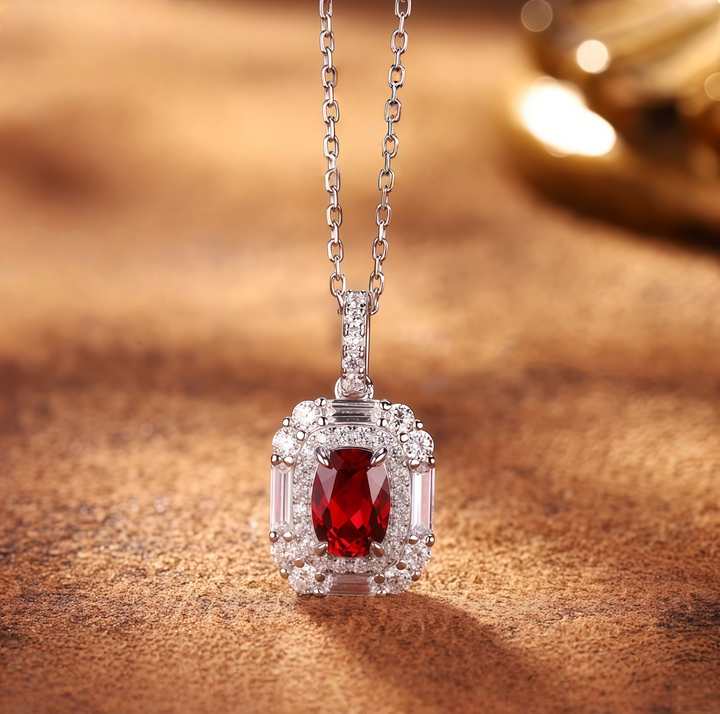 Scarlet Crown Cushion Ruby Halo Necklace