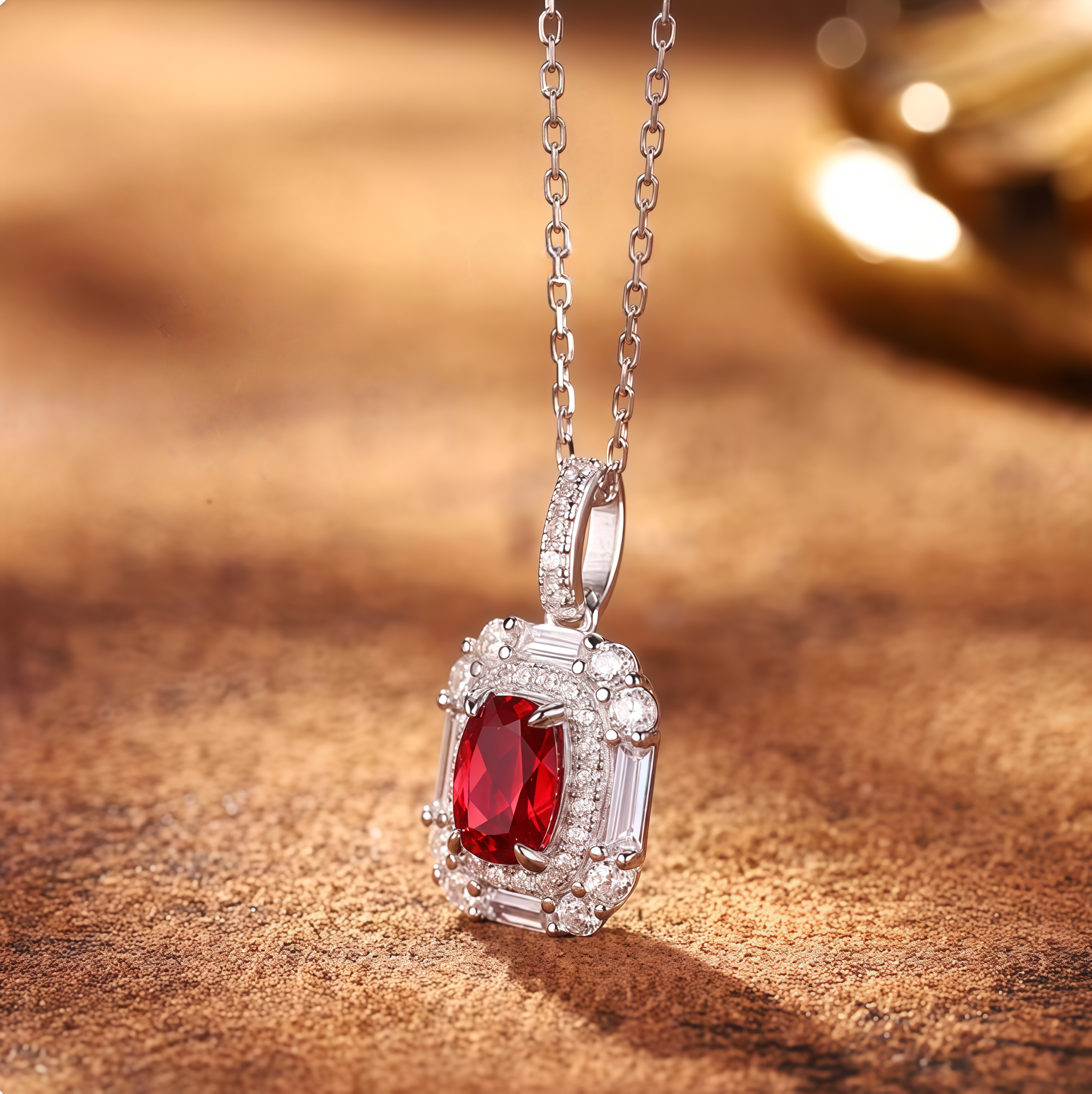 Scarlet Crown Cushion Ruby Halo Necklace
