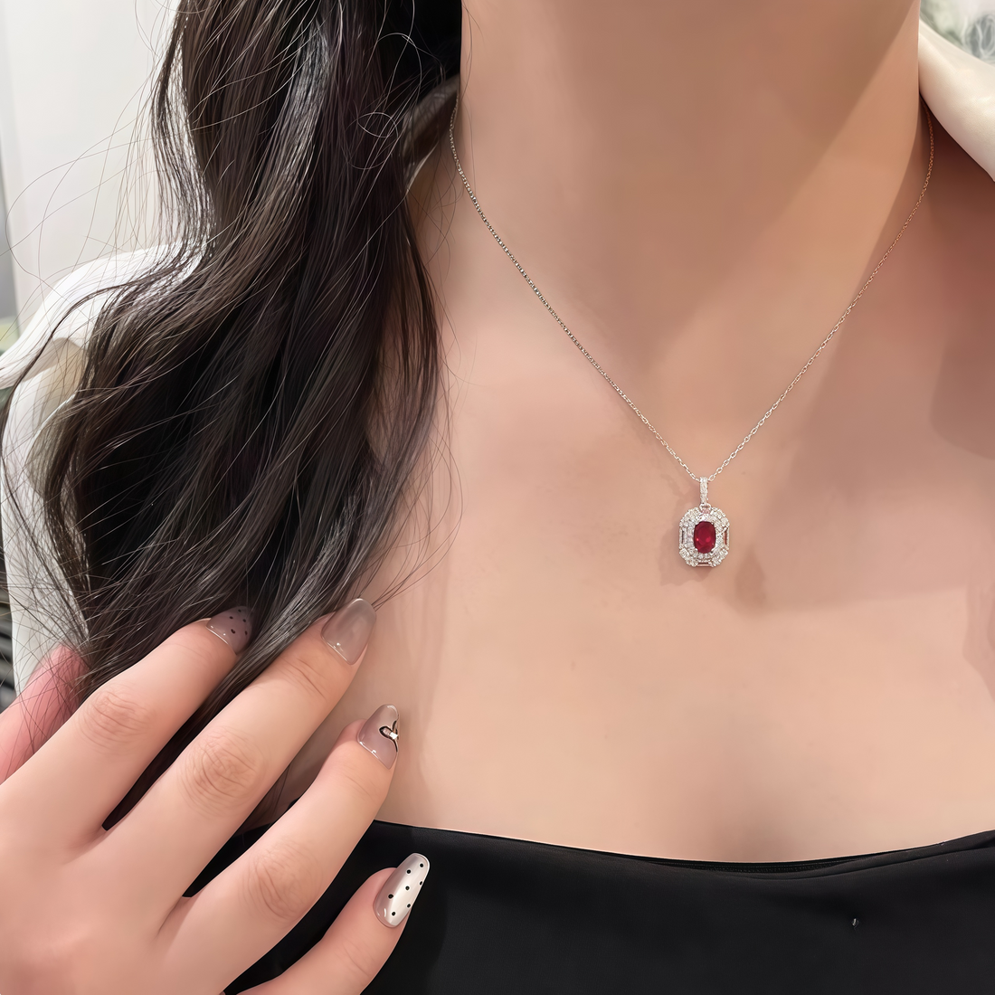 Scarlet Crown Cushion Ruby Halo Necklace