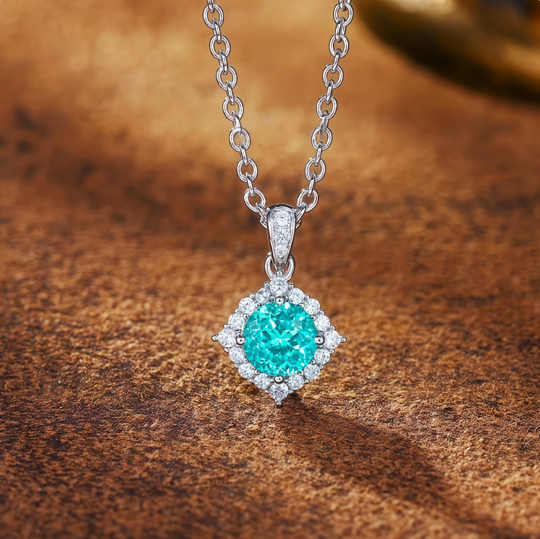 Ice Teal Halo Diamond-Shaped Pendant