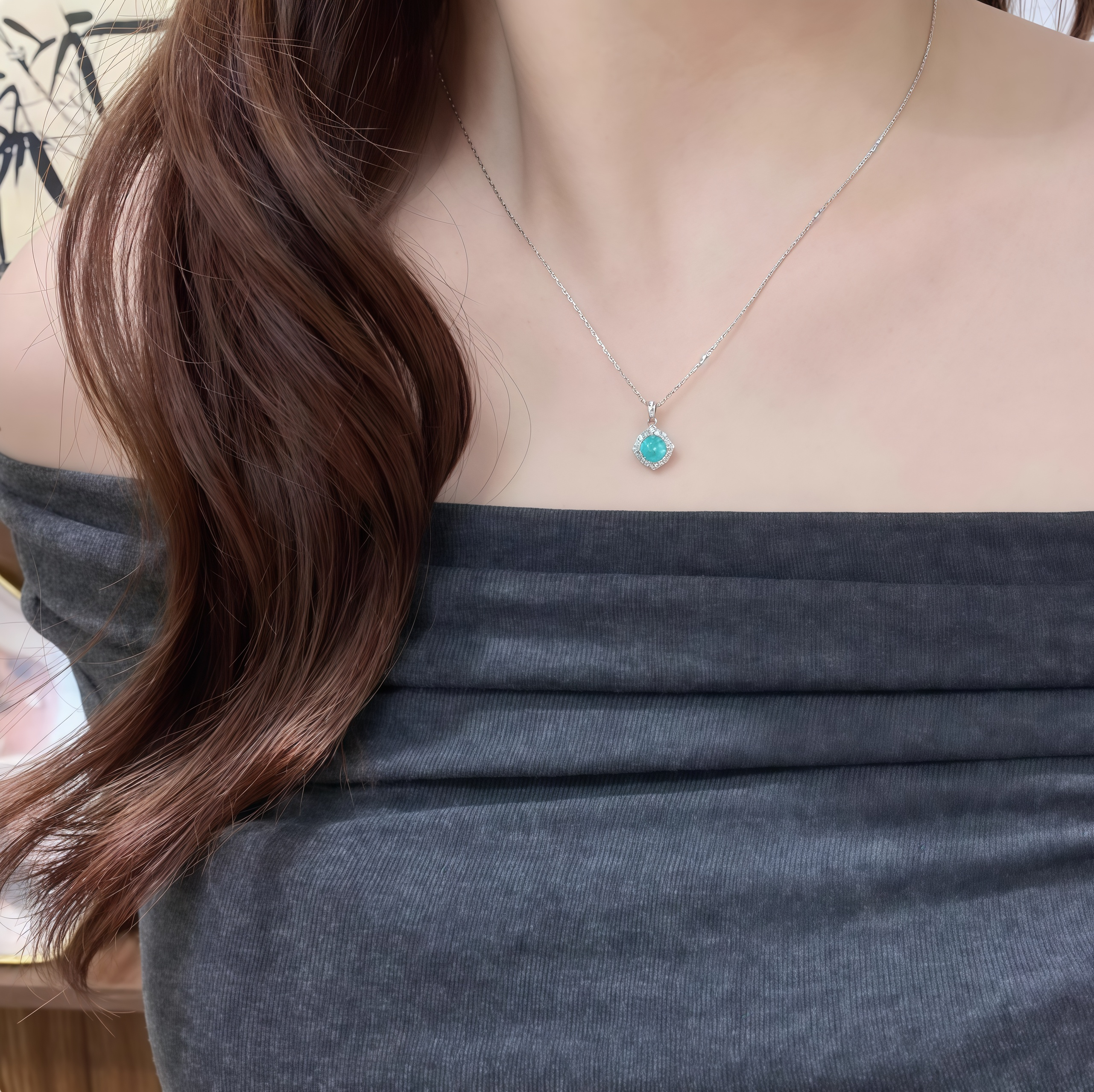 Ice Teal Halo Diamond-Shaped Pendant