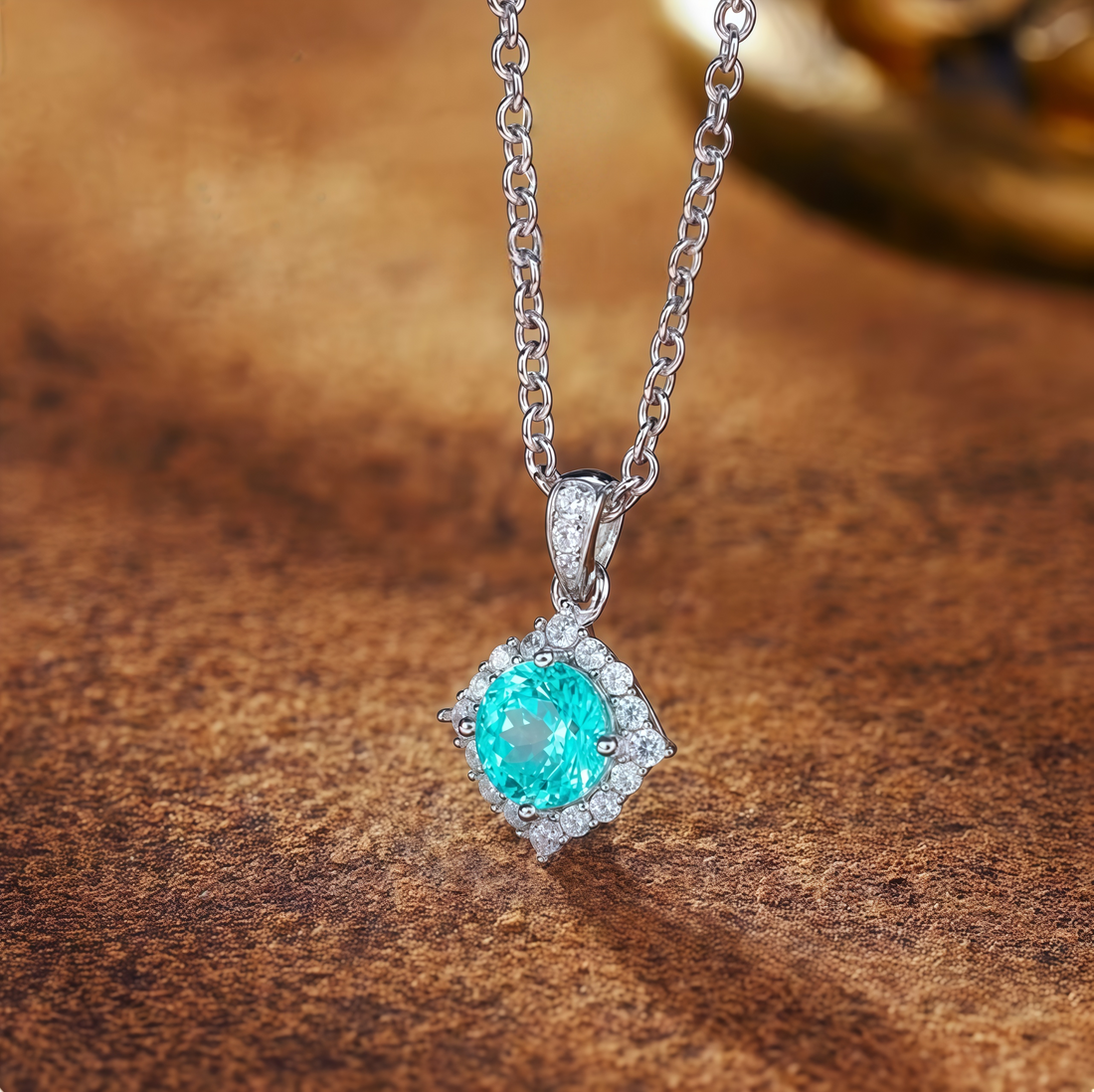 Ice Teal Halo Diamond-Shaped Pendant