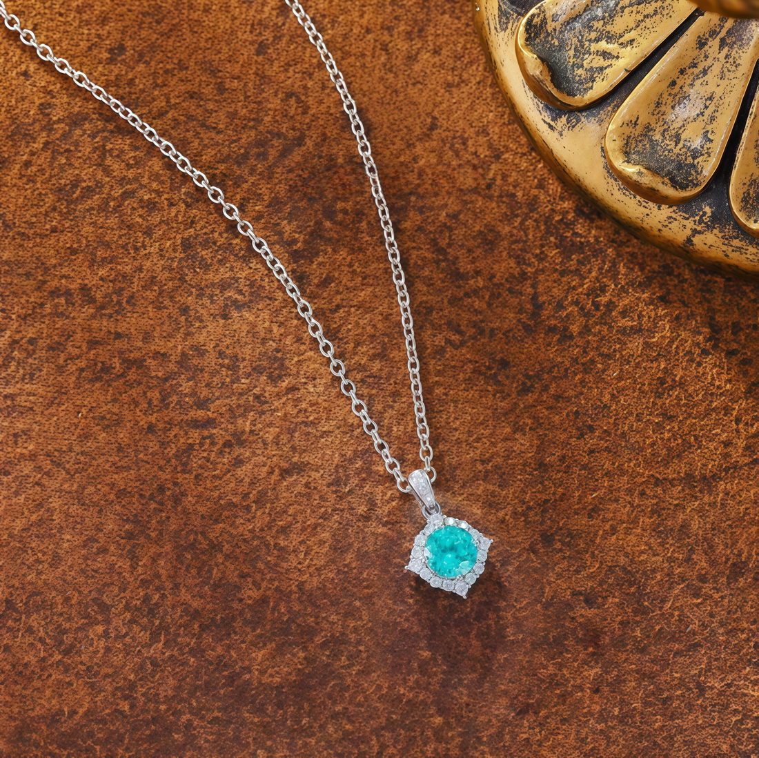 Ice Teal Halo Diamond-Shaped Pendant