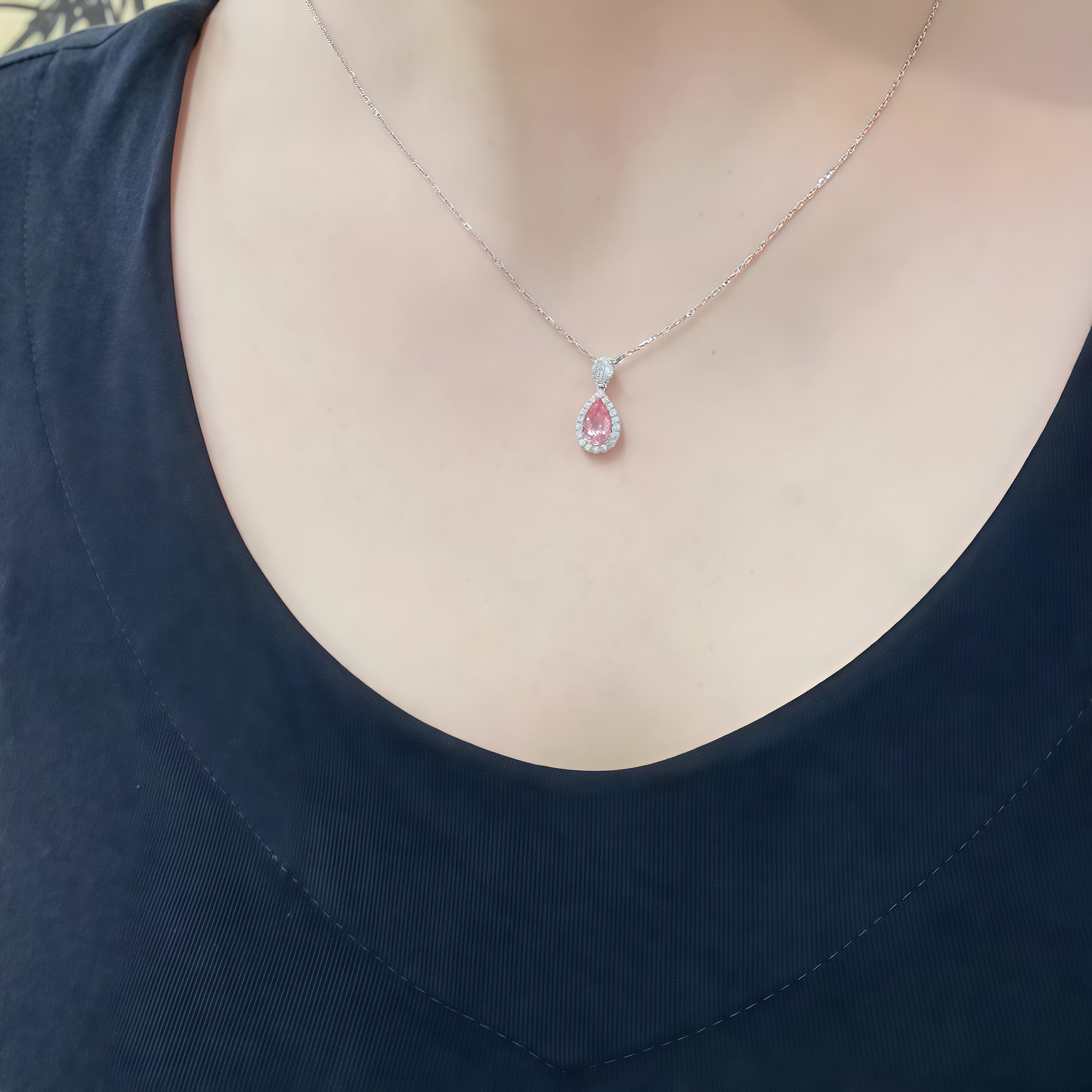 Teardrop-shaped pink gemstone snowflake necklace