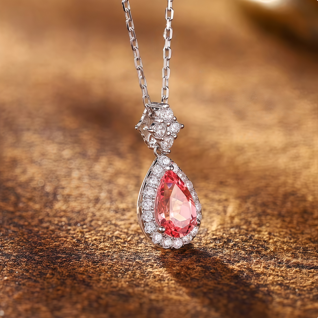 Teardrop-shaped pink gemstone snowflake necklace