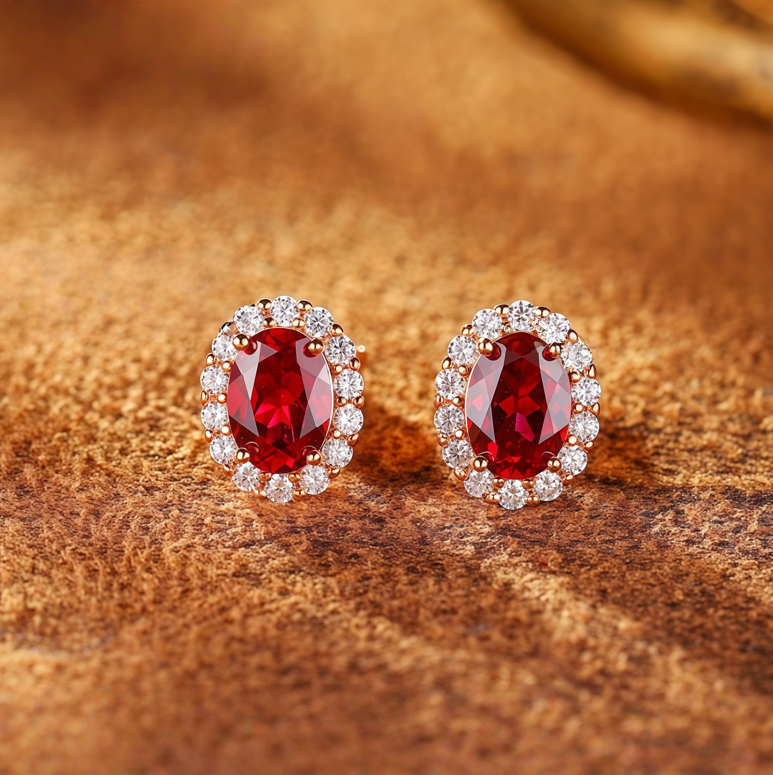 Royal Red Oval Halo Stud Earrings