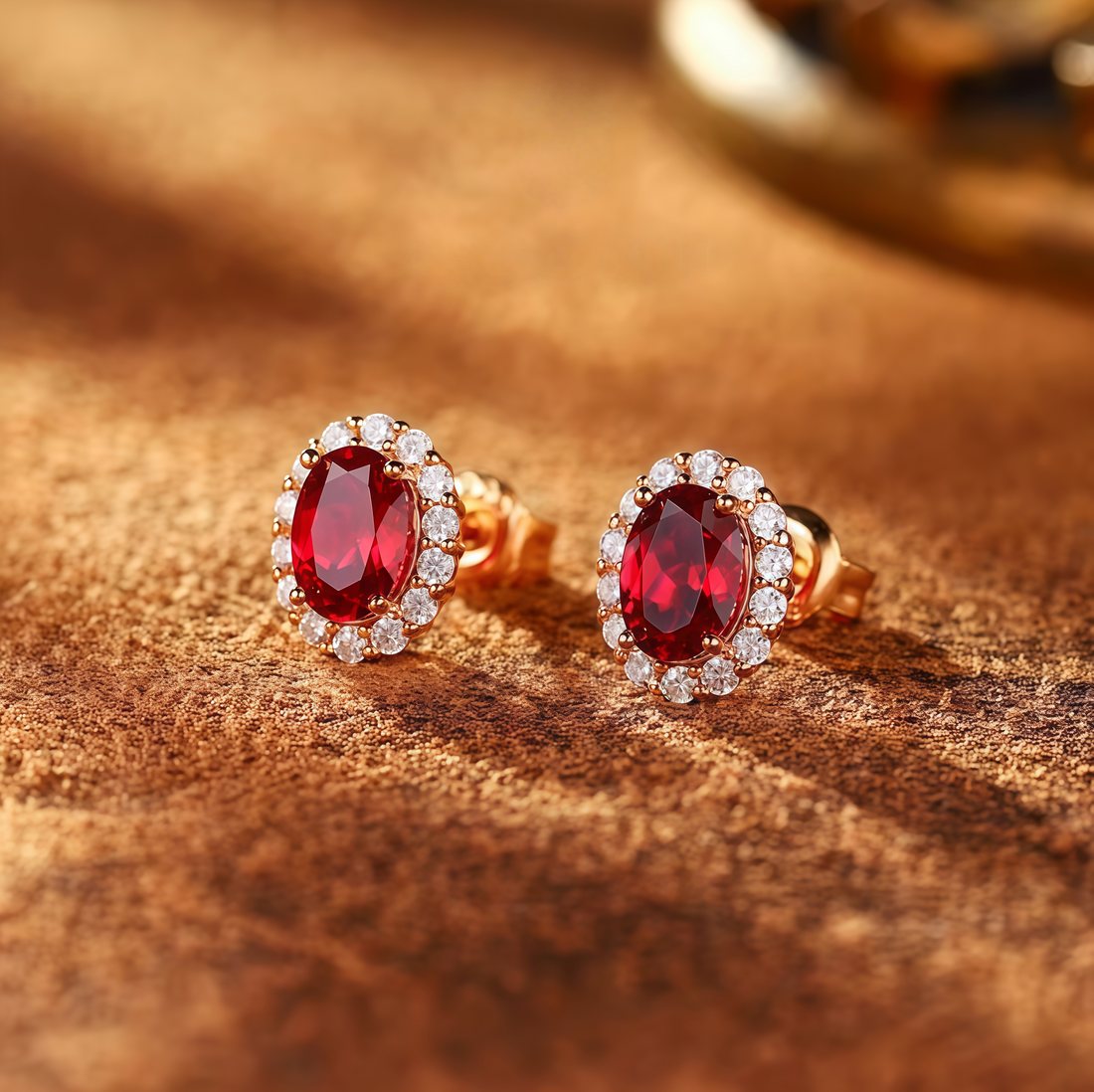 Royal Red Oval Halo Stud Earrings