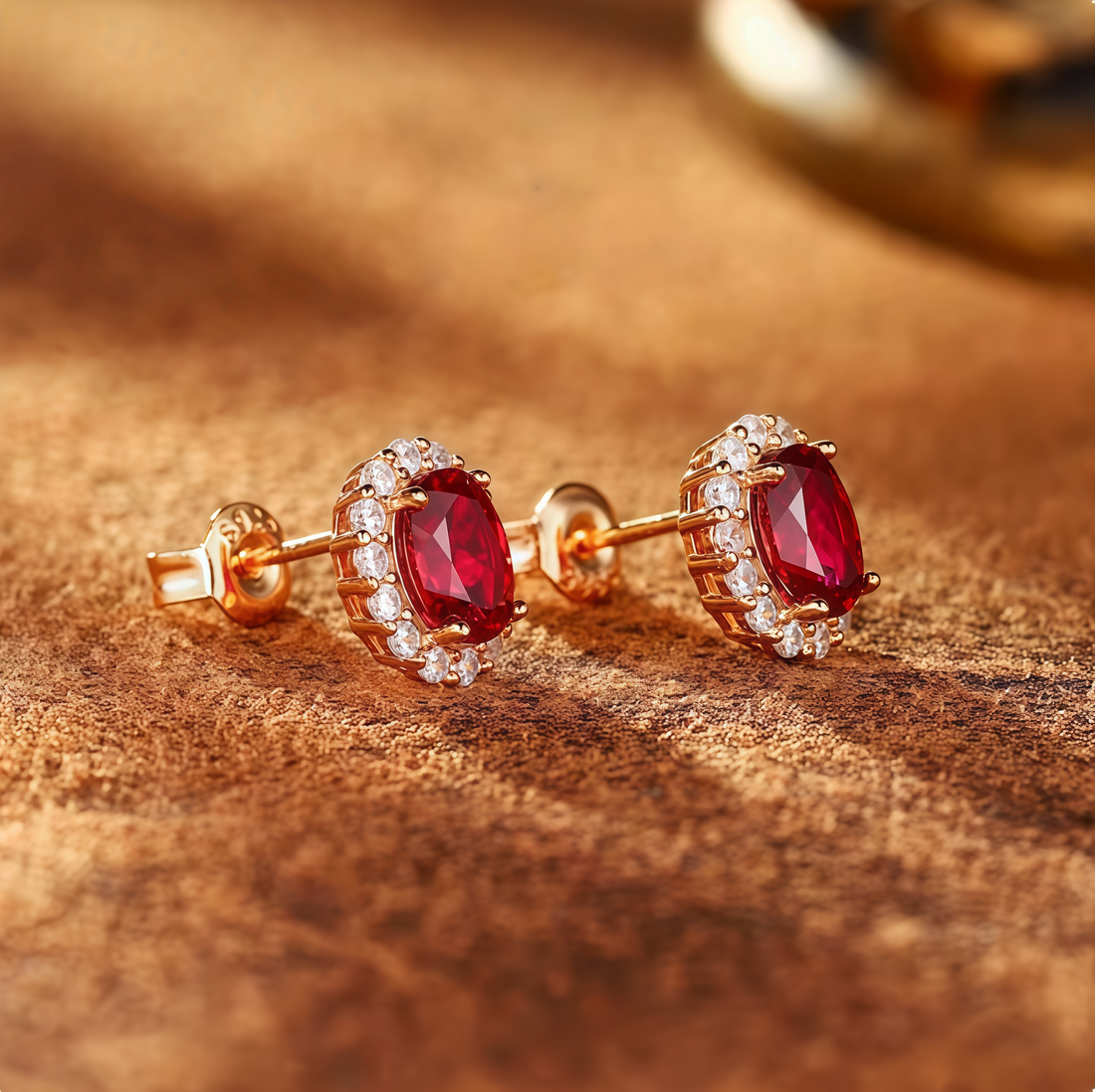 Royal Red Oval Halo Stud Earrings