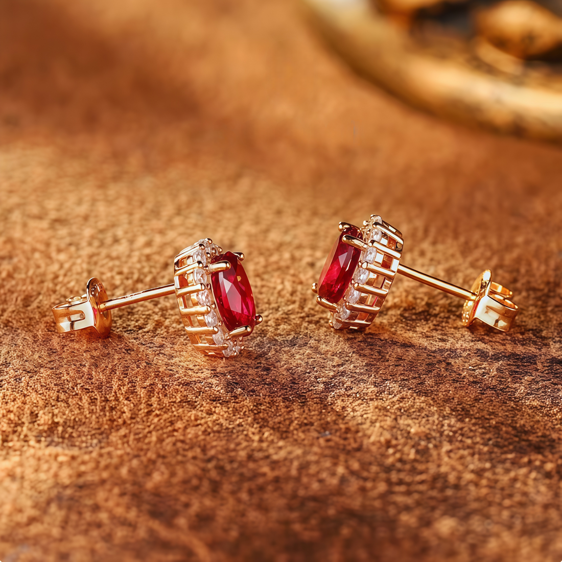 Royal Red Oval Halo Stud Earrings