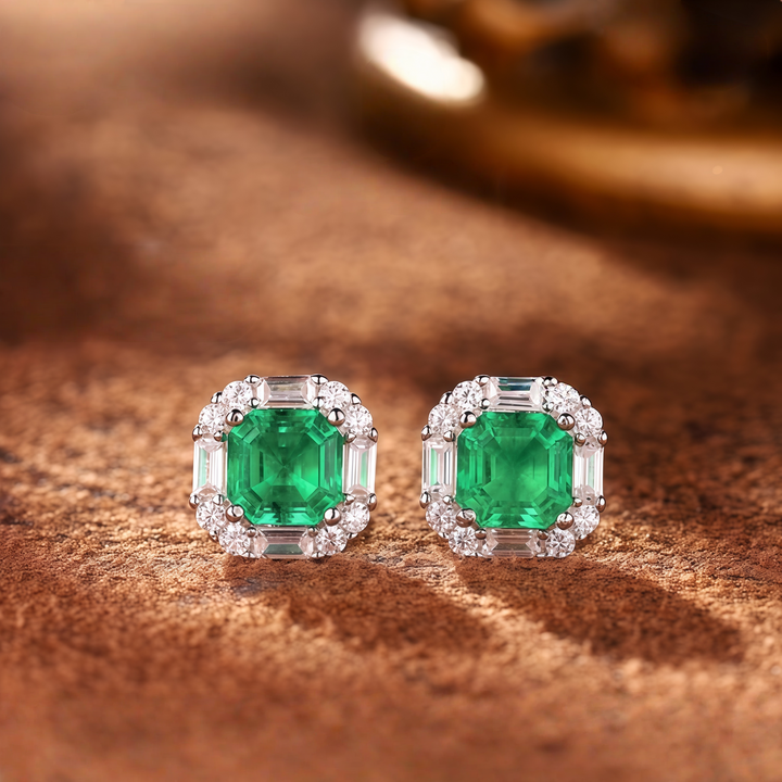 Square-cut emerald halo earrings