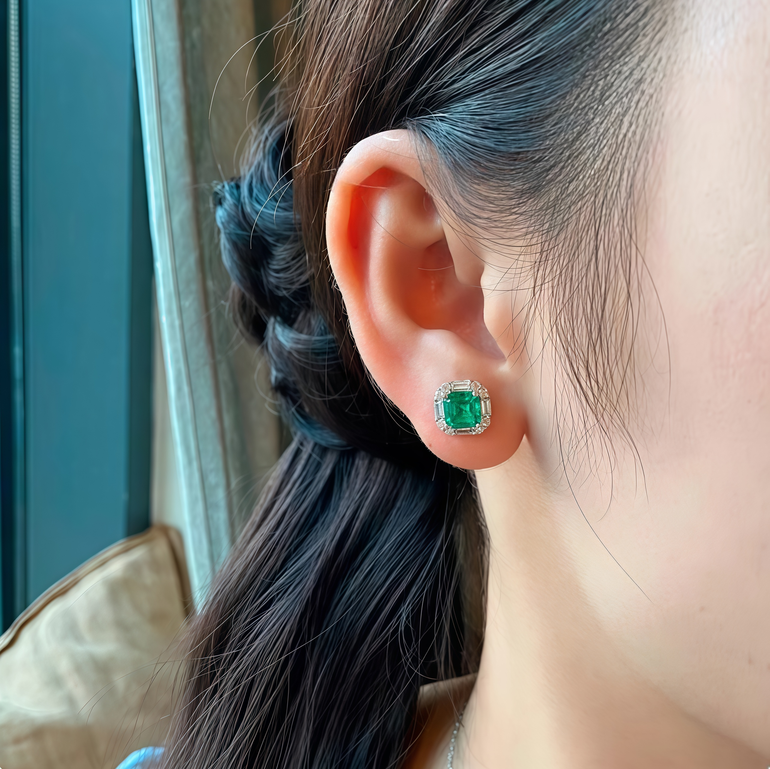 Square-cut emerald halo earrings