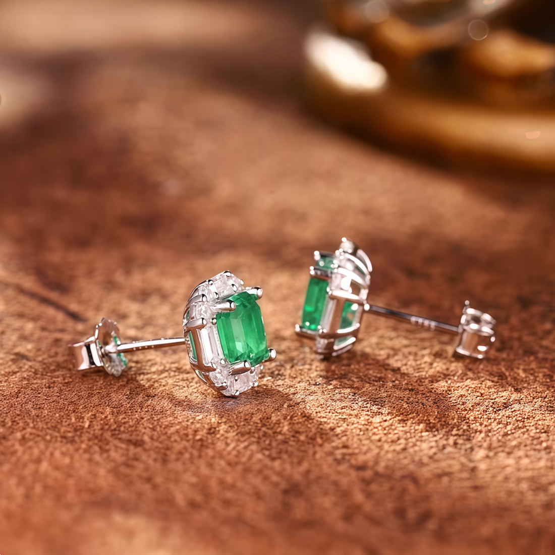 Square-cut emerald halo earrings