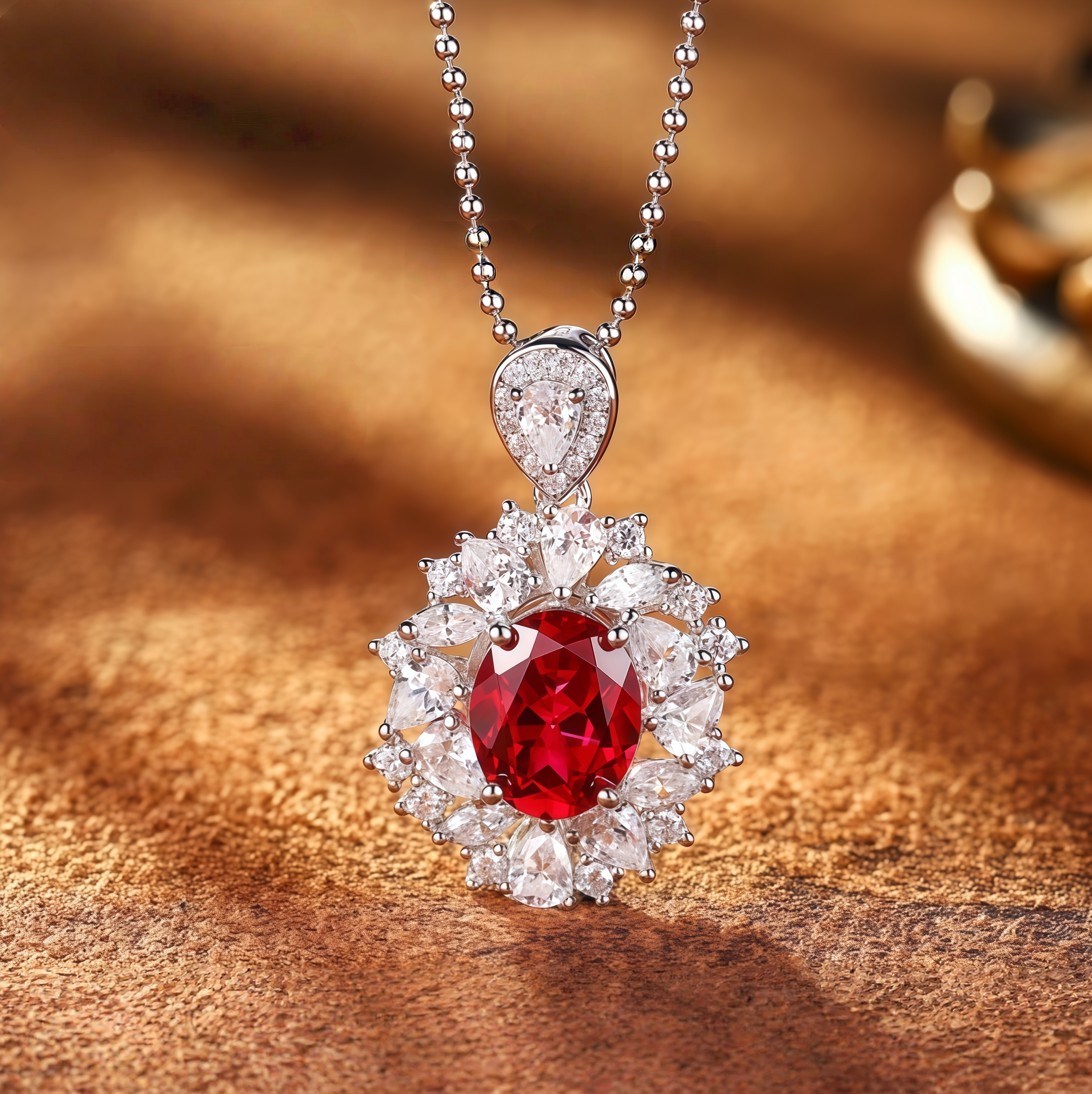 “Crown of Passion” Oval-Cut Ruby Halo Pendant