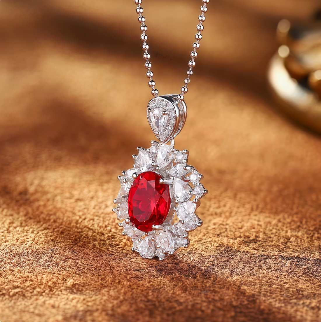 “Crown of Passion” Oval-Cut Ruby Halo Pendant