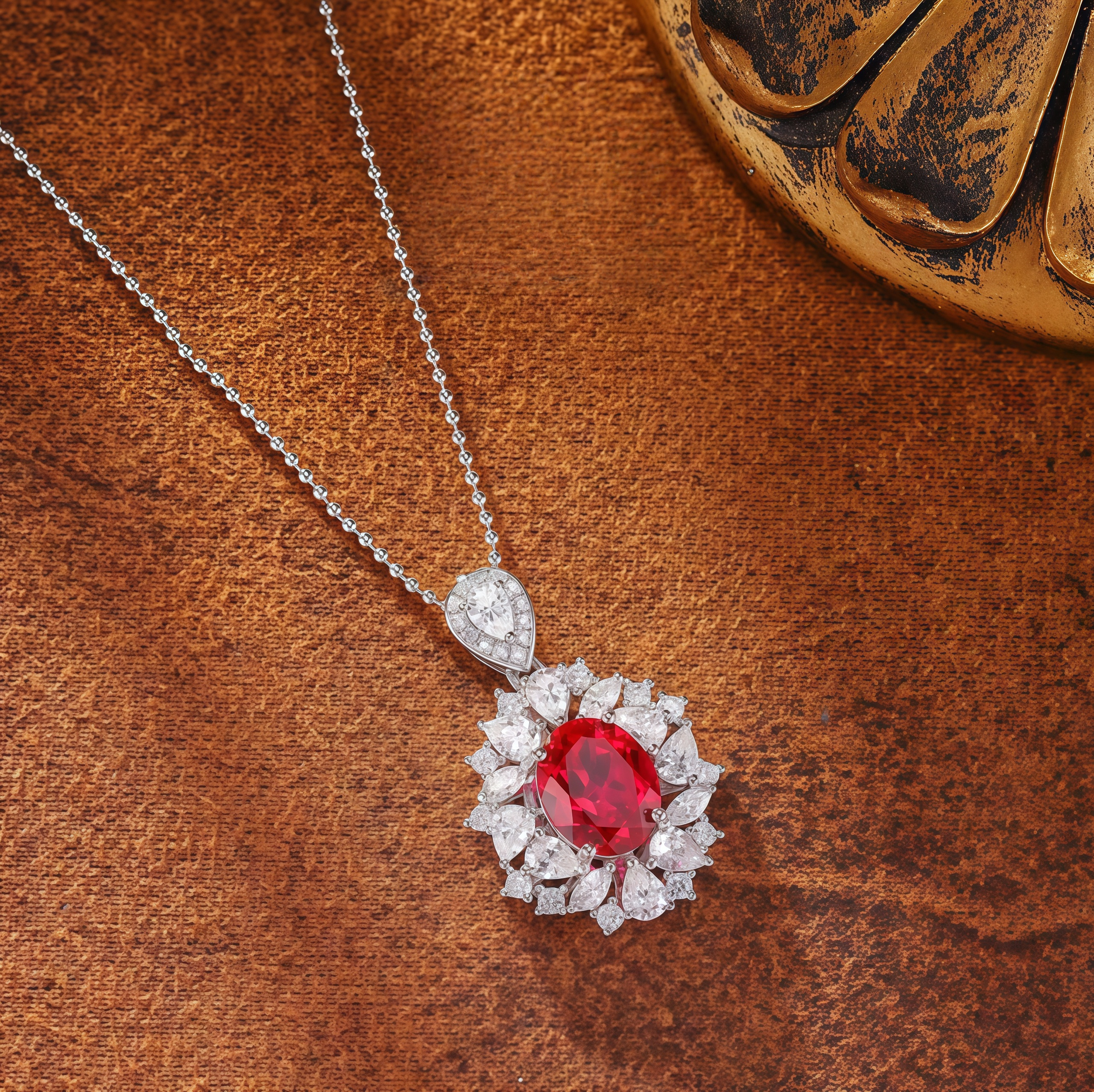 “Crown of Passion” Oval-Cut Ruby Halo Pendant