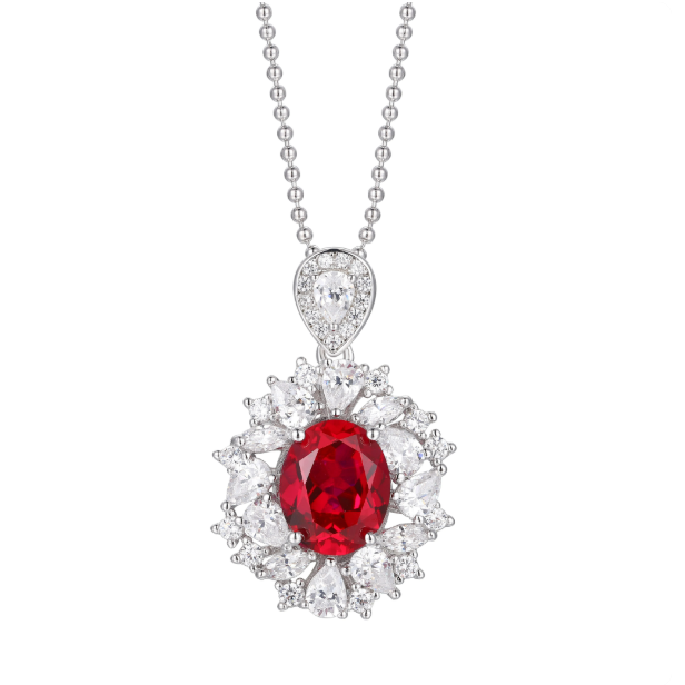 “Crown of Passion” Oval-Cut Ruby Halo Pendant