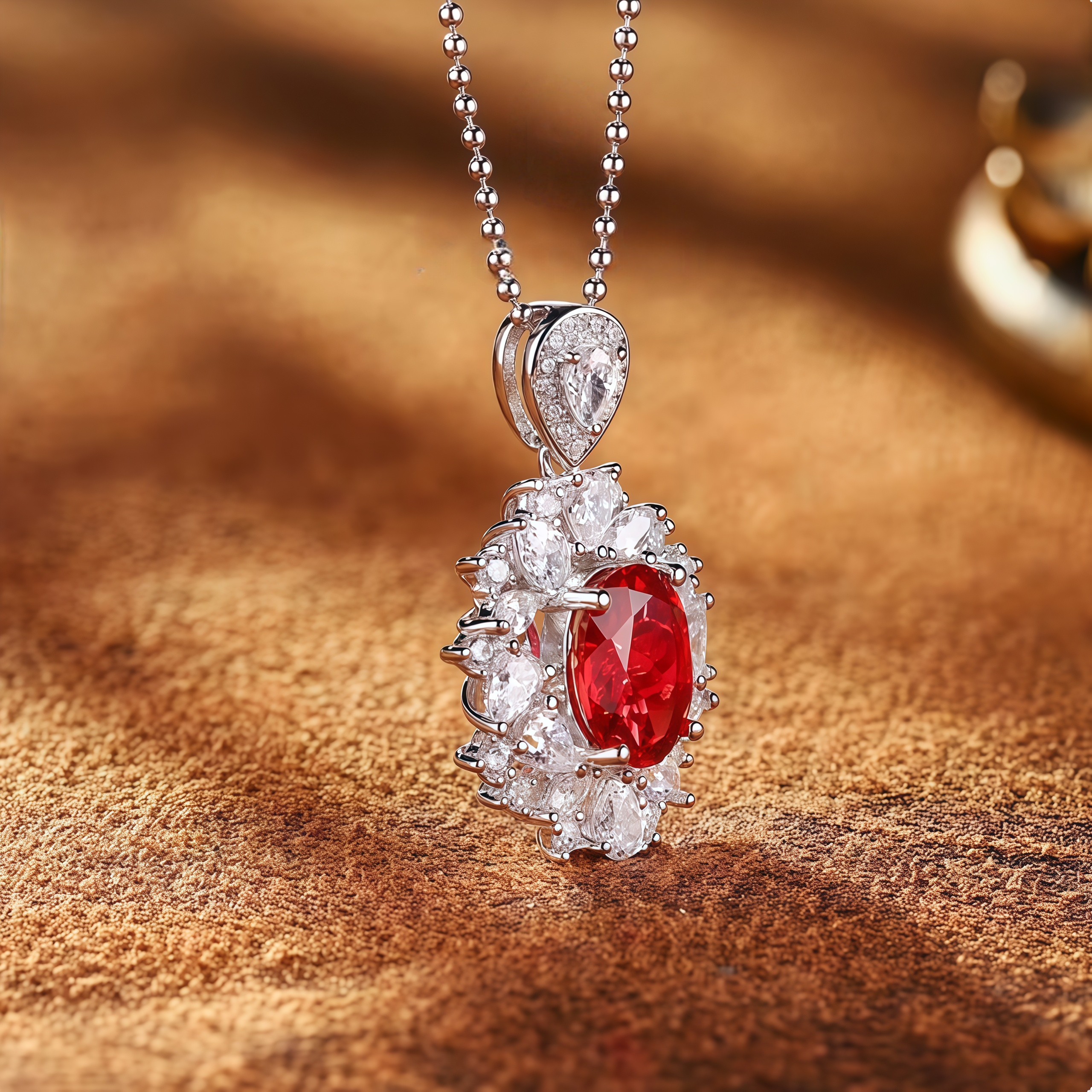 “Crown of Passion” Oval-Cut Ruby Halo Pendant