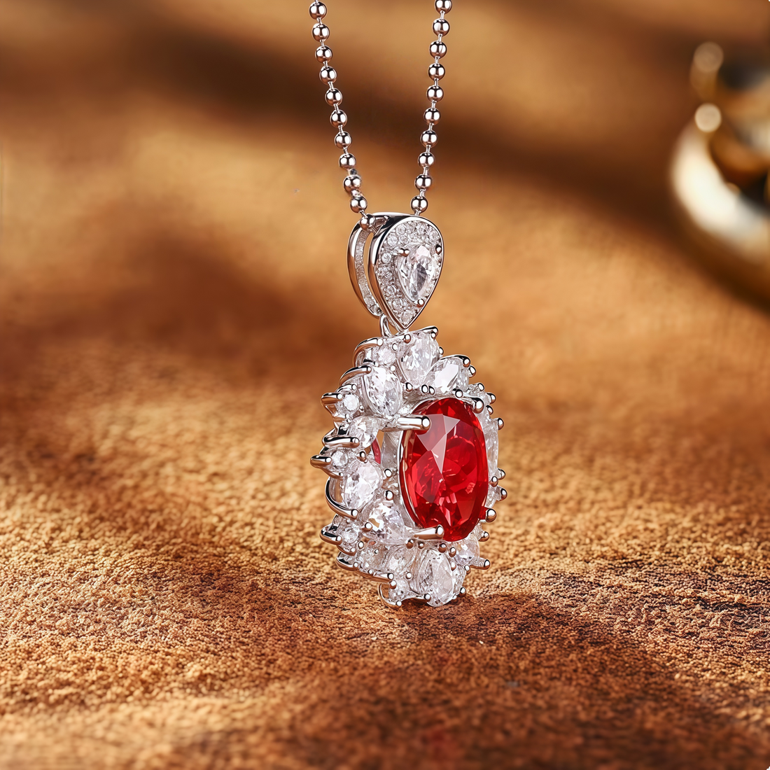 “Crown of Passion” Oval-Cut Ruby Halo Pendant