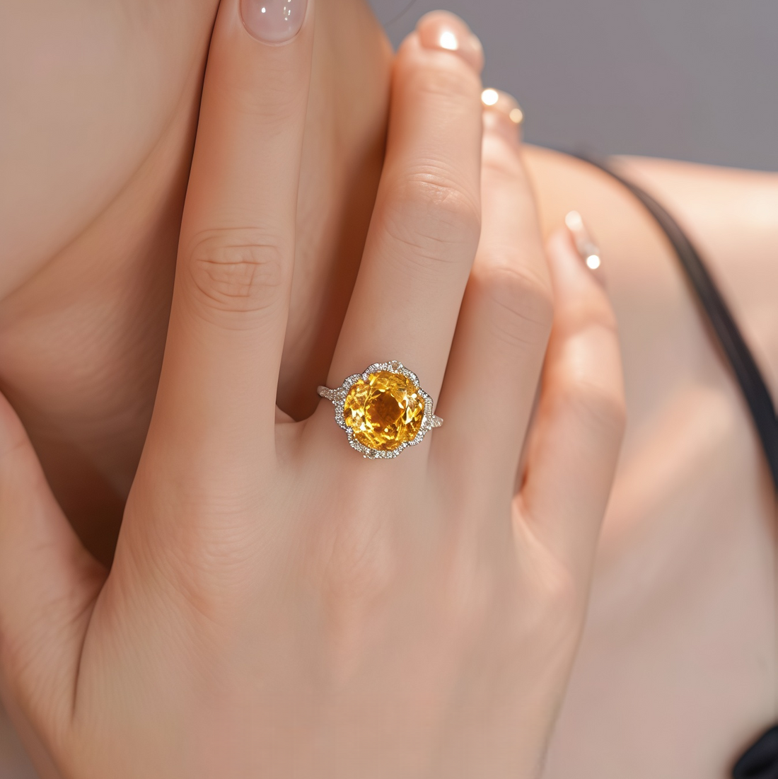 Natural yellow citrine rose ring
