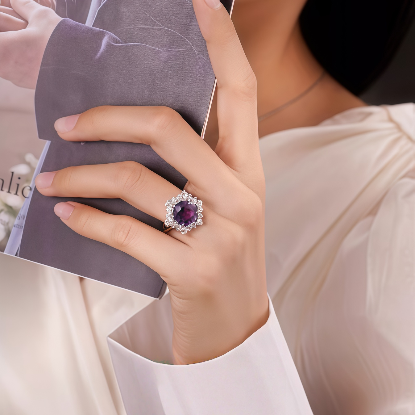 Natural amethyst ice flower ring