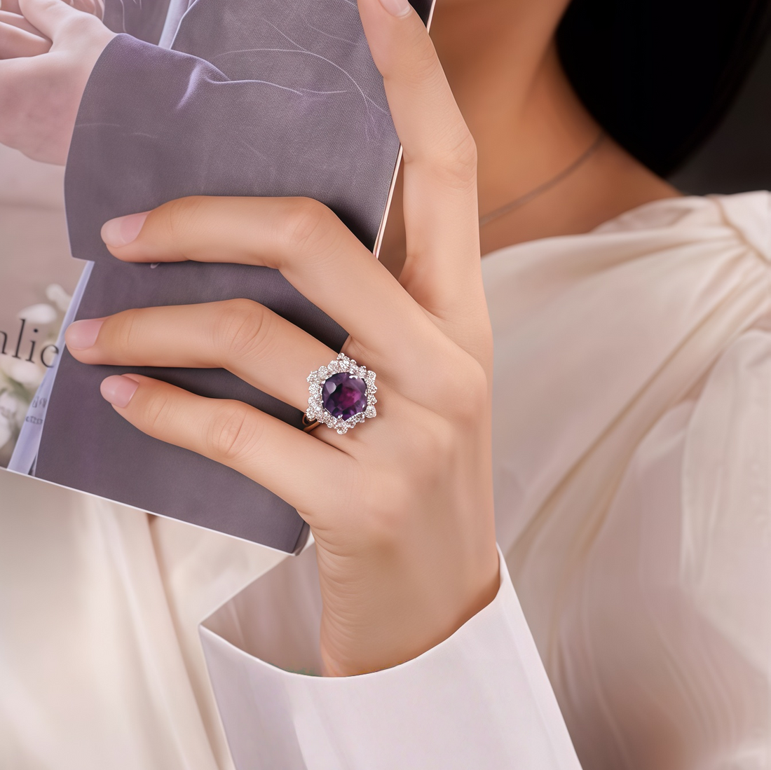 Natural amethyst ice flower ring