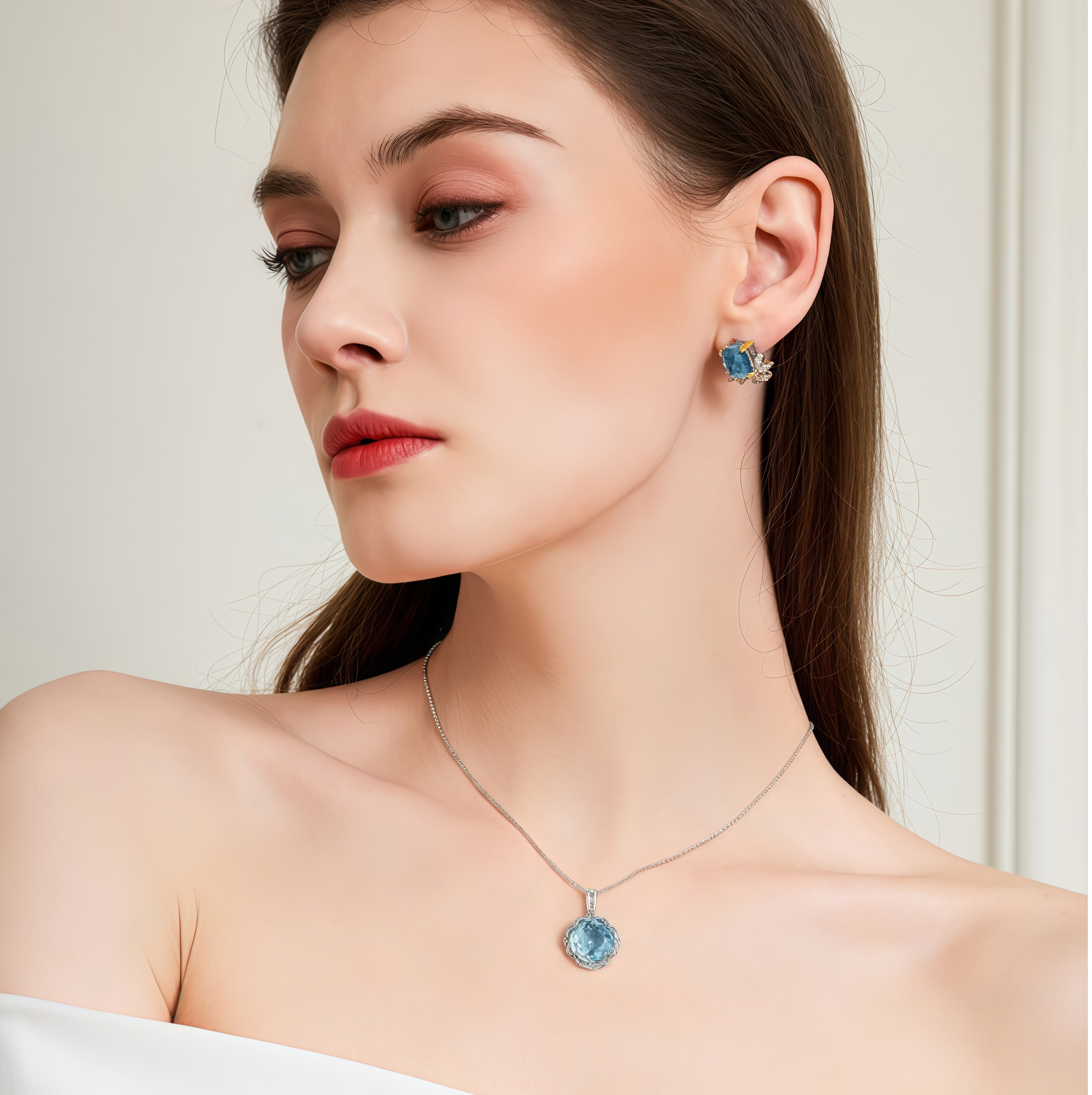 Blue Ocean Blossom – Natural Topaz Rose Necklace