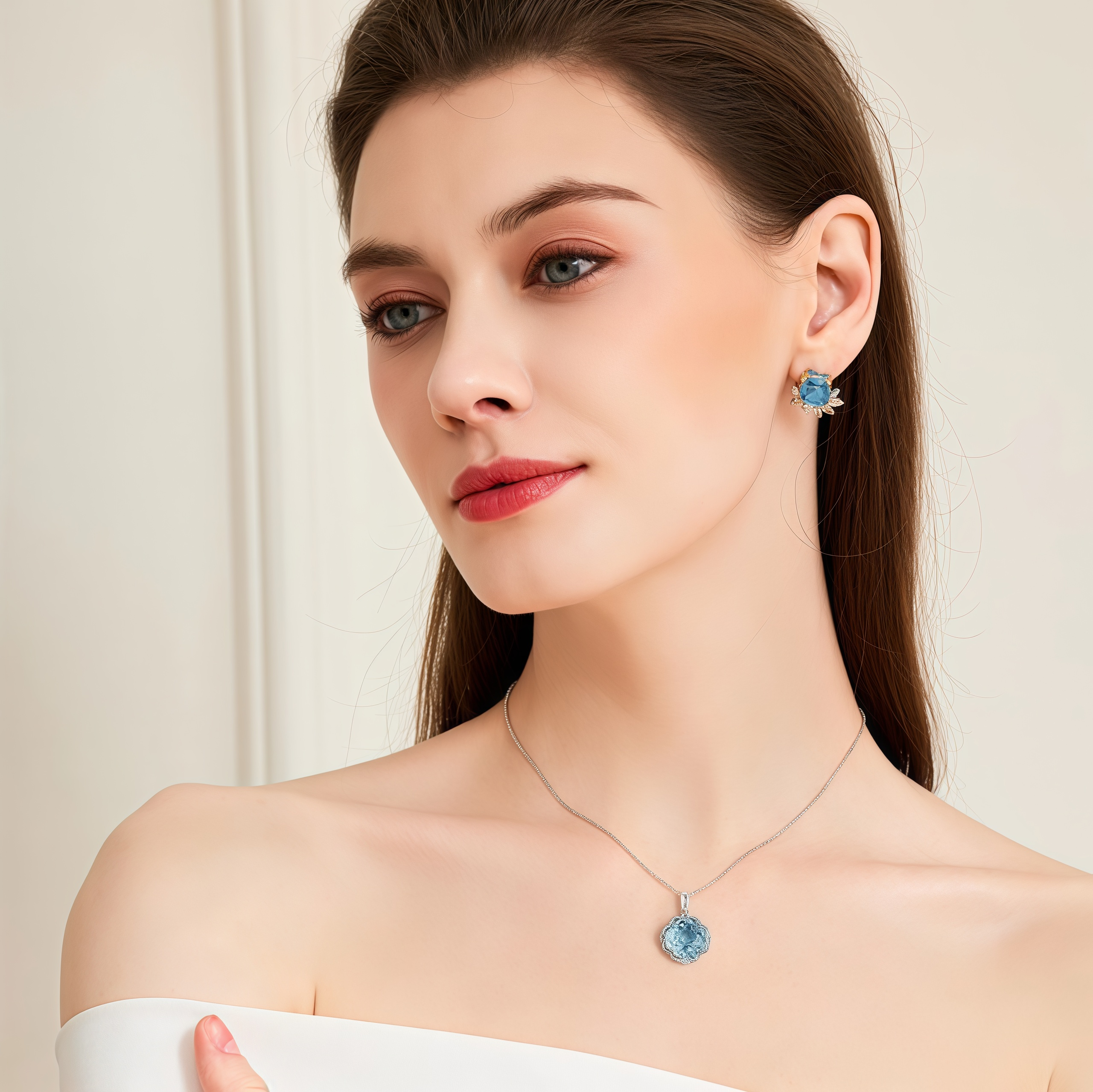 Blue Ocean Blossom – Natural Topaz Rose Necklace