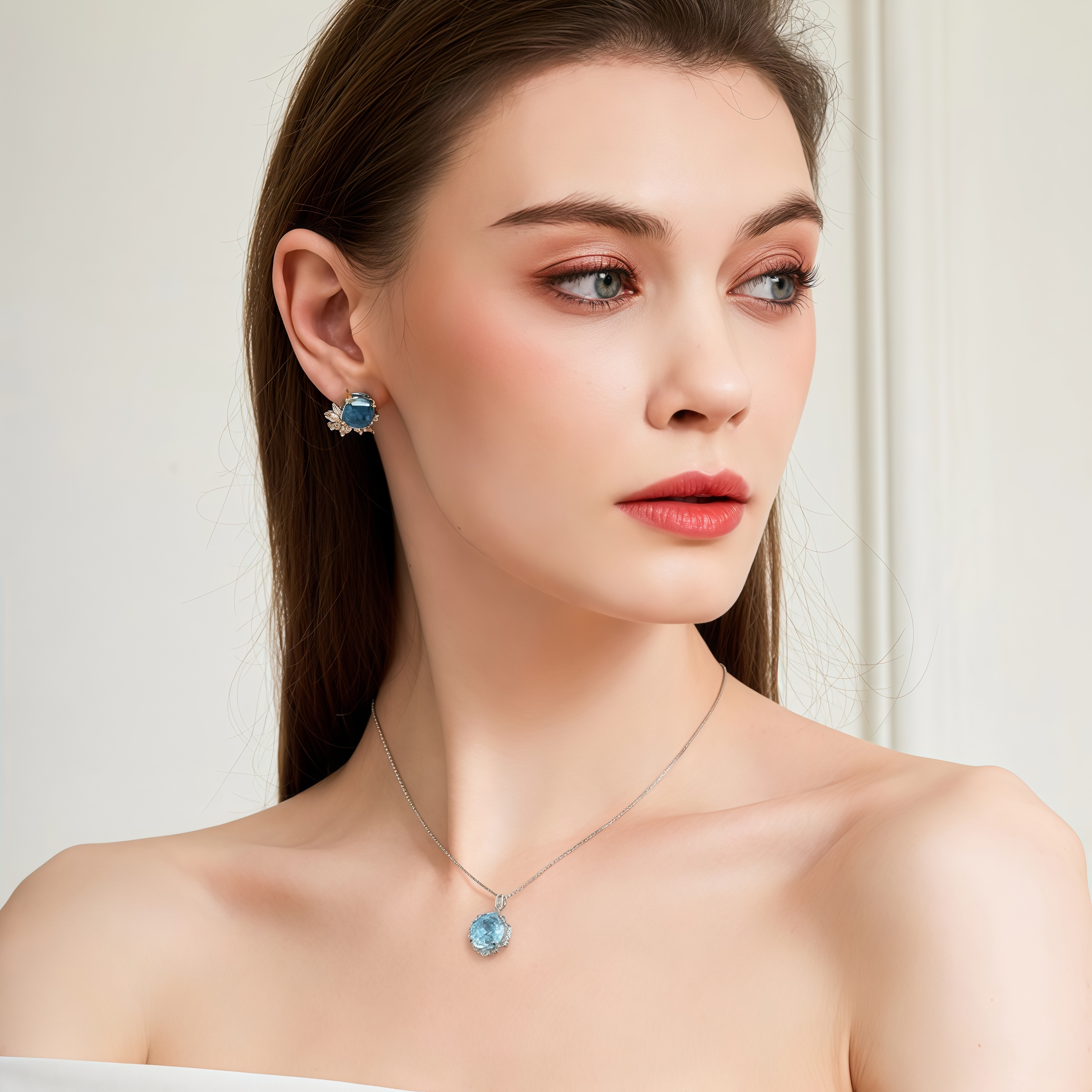 Blue Ocean Blossom – Natural Topaz Rose Necklace