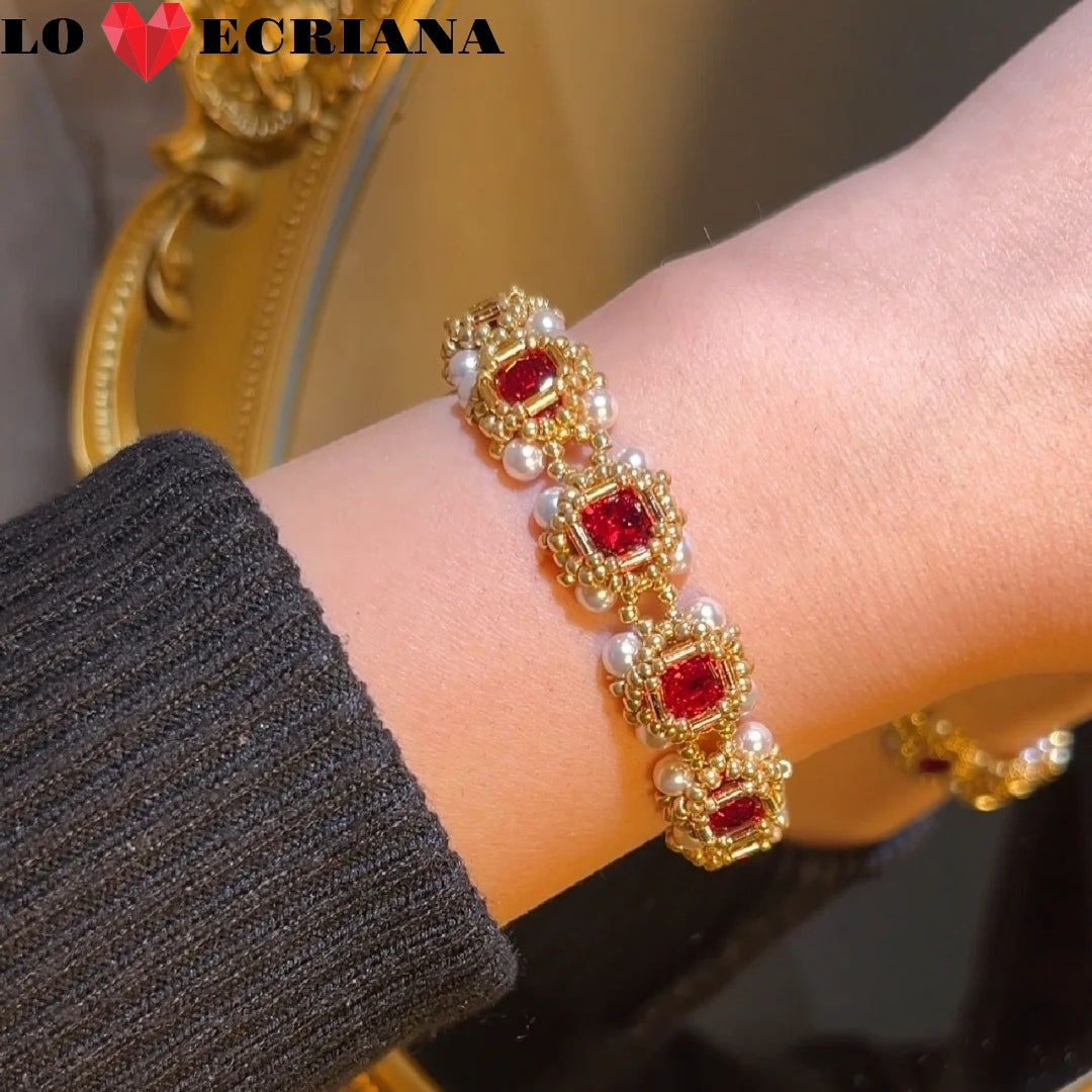 Handcrafted Beaded Bracelet - Emerald & Ruby, Gold & Red Crystal