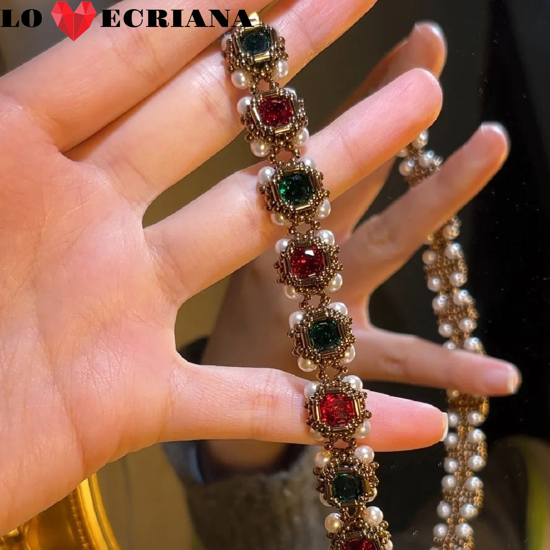 Handcrafted Beaded Bracelet - Emerald & Ruby, Gold & Red Crystal