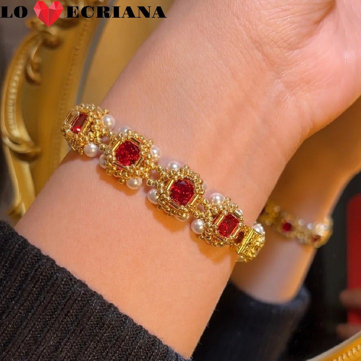 Handcrafted Beaded Bracelet - Emerald & Ruby, Gold & Red Crystal