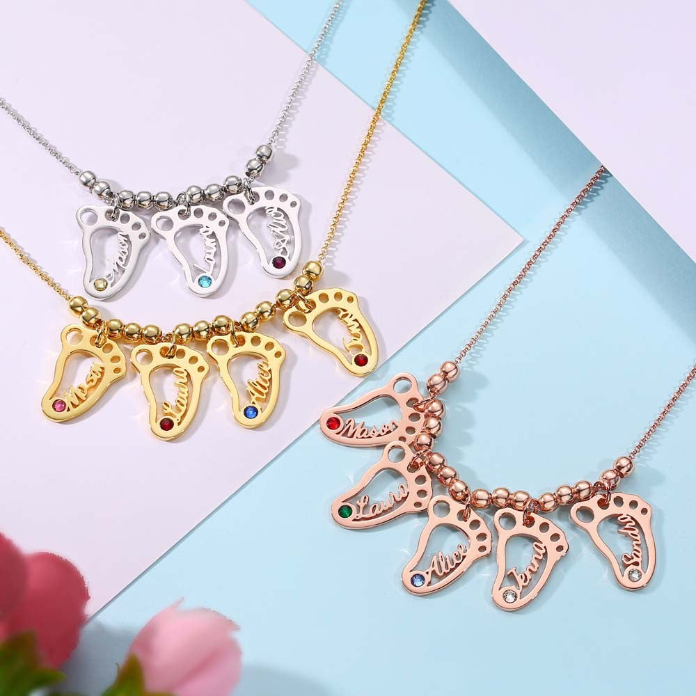 Lovecriana Personalized BabyFeet Charms Name Necklace With Birthstone
