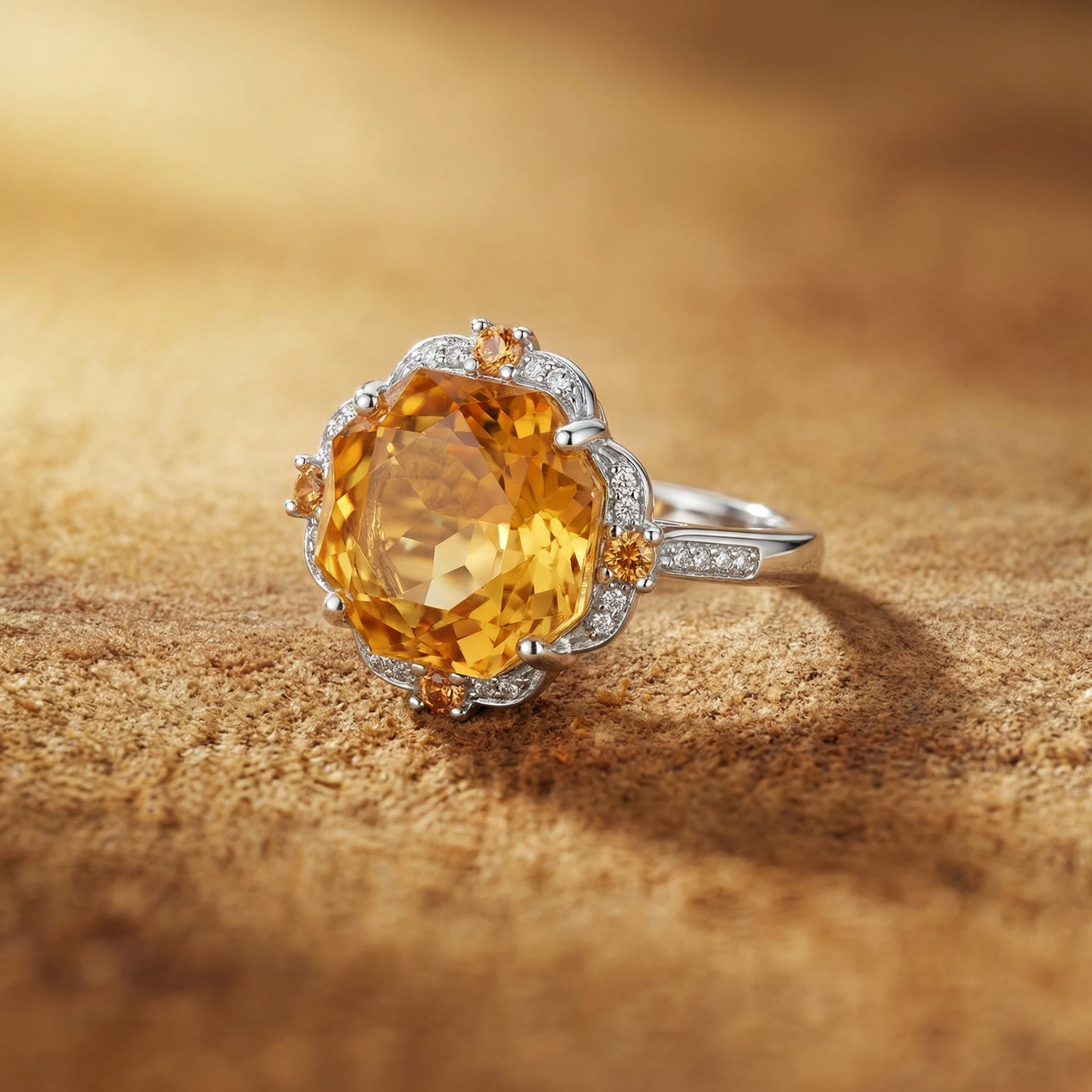 Natural yellow citrine rose ring